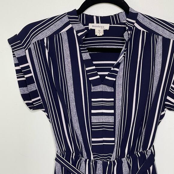 Monteau Belt A-Line Dress Striped Short Coastal Nautical Country Club Blue S - Picture 7 of 12